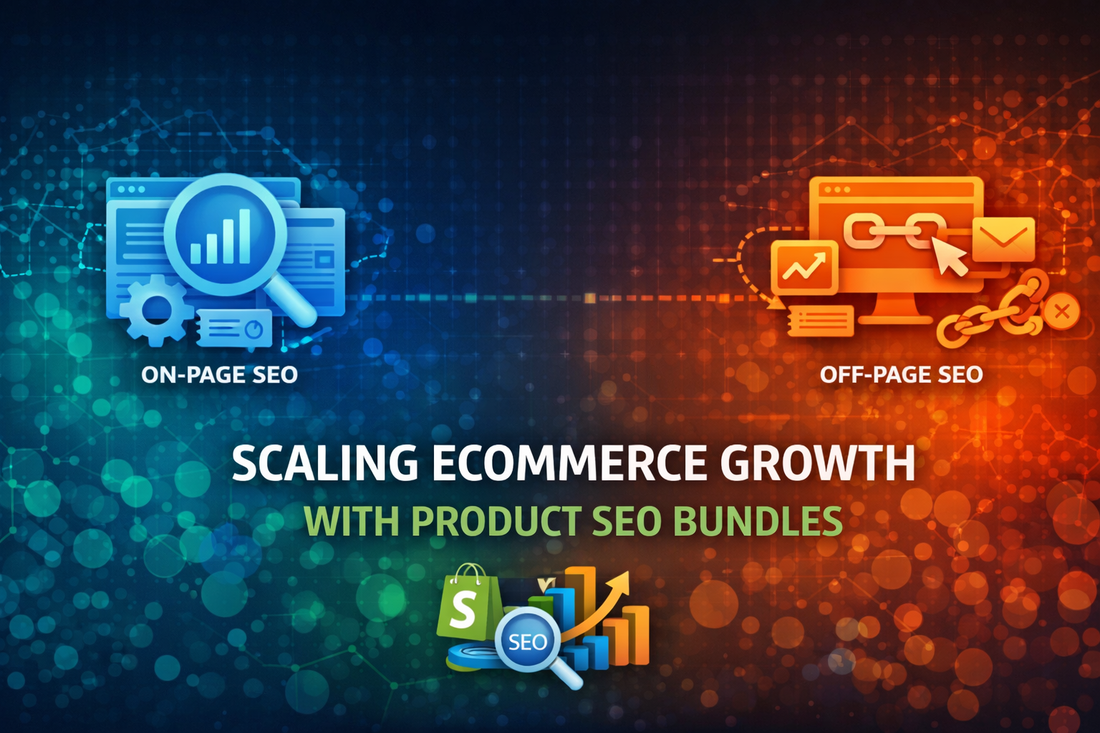 Scaling ecommerce growth with Product SEO bundles banner featuring centred bold text and modern gradient background