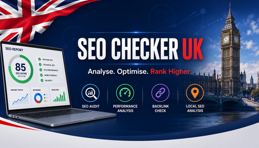 SEO Checker UK banner showing website audit, performance analysis, backlink checking and local SEO tools