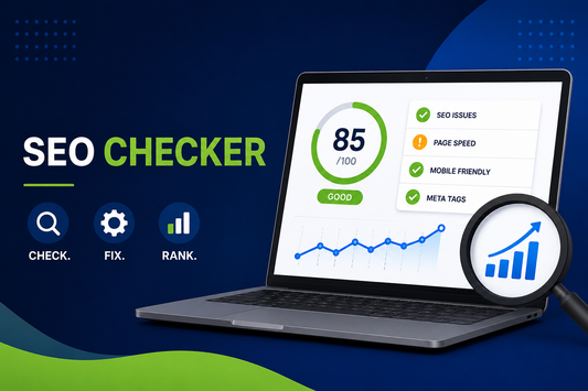 SEO checker banner showing website audit dashboard, search icon and ranking graph