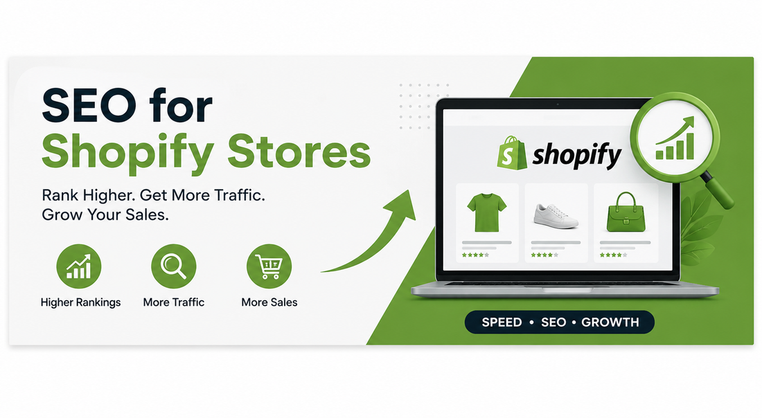 Modern Shopify SEO banner showing ecommerce analytics, Shopify storefront mockup, growth chart, and centred text promoting SEO for Shopify stores with focus on higher rankings, more traffic, and increased sales.