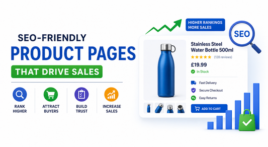SEO-friendly product pages banner showing product listing, SEO magnifying glass, sales growth chart, trust icons, reviews and add-to-cart button.