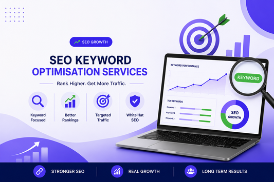 SEO keyword optimisation services banner showing keyword performance, better rankings, targeted traffic and long-term SEO growth