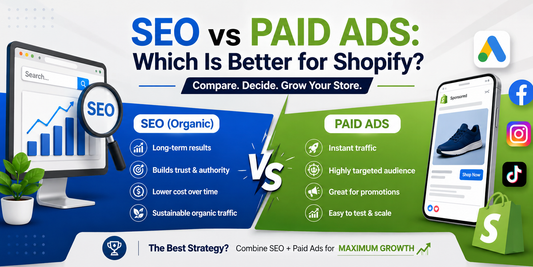 SEO vs Paid Ads for Shopify banner showing comparison between organic SEO growth and paid advertising strategies with Google Ads, Facebook, Instagram, TikTok, and Shopify ecommerce visuals.