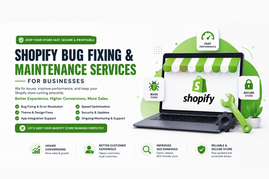 Shopify Bug Fixing and Maintenance Services banner showing laptop with Shopify store, speed, security and performance optimisation icons