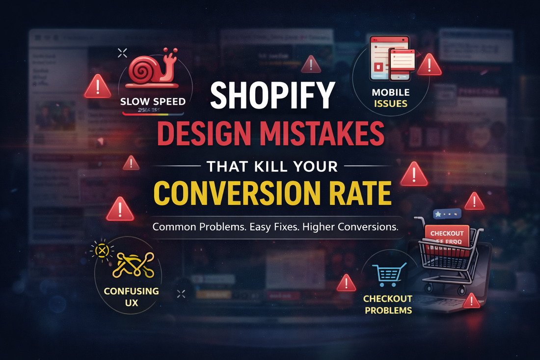 Shopify design mistakes banner with centred text highlighting slow speed, mobile issues, confusing UX, and checkout problems affecting conversion rate