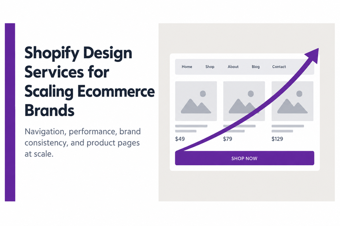 Shopify store wireframe with growth arrow showing navigation, product grid and CTA - illustrating the design structure required for scaling ecommerce brands, from Savlo.