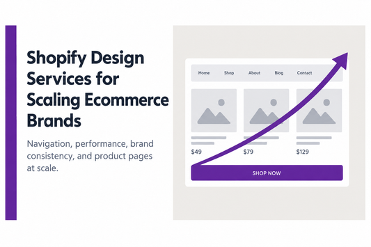Shopify store wireframe with growth arrow showing navigation, product grid and CTA - illustrating the design structure required for scaling ecommerce brands, from Savlo.