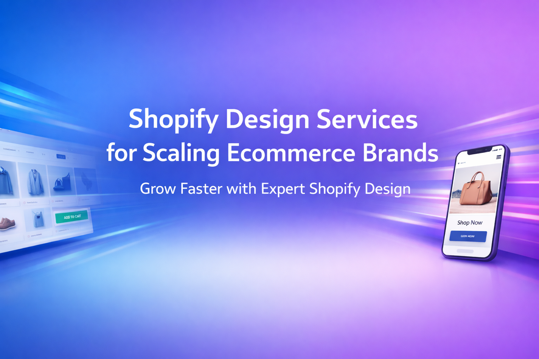 Shopify design services banner with gradient background, centered heading, and ecommerce visuals showing responsive desktop and mobile store layouts