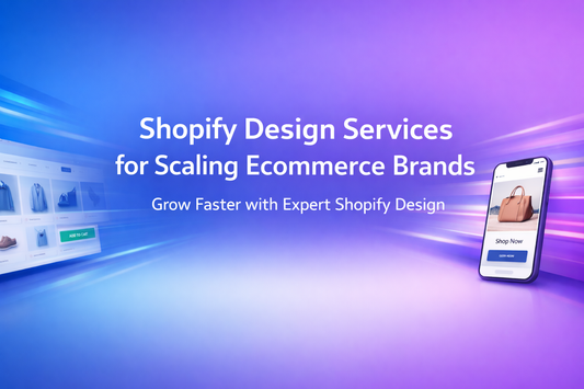 Shopify design services banner with gradient background, centered heading, and ecommerce visuals showing responsive desktop and mobile store layouts