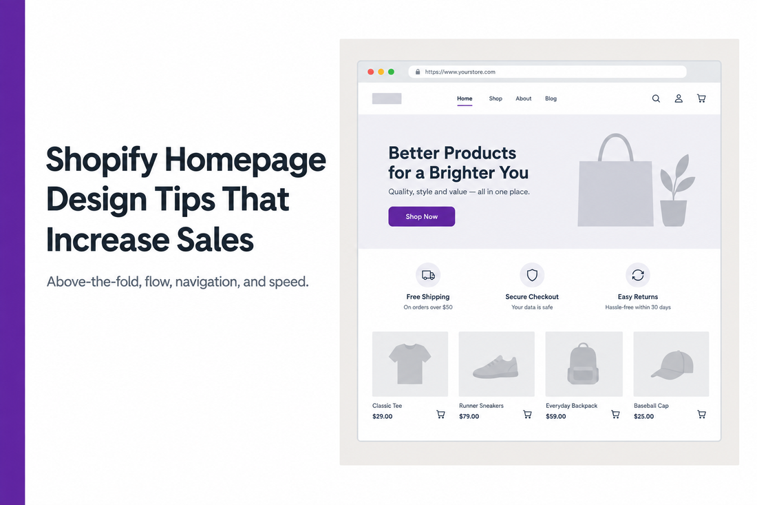 Shopify homepage design showing hero section, trust badges and product grid - illustrating the layout decisions that increase sales, from Savlo.