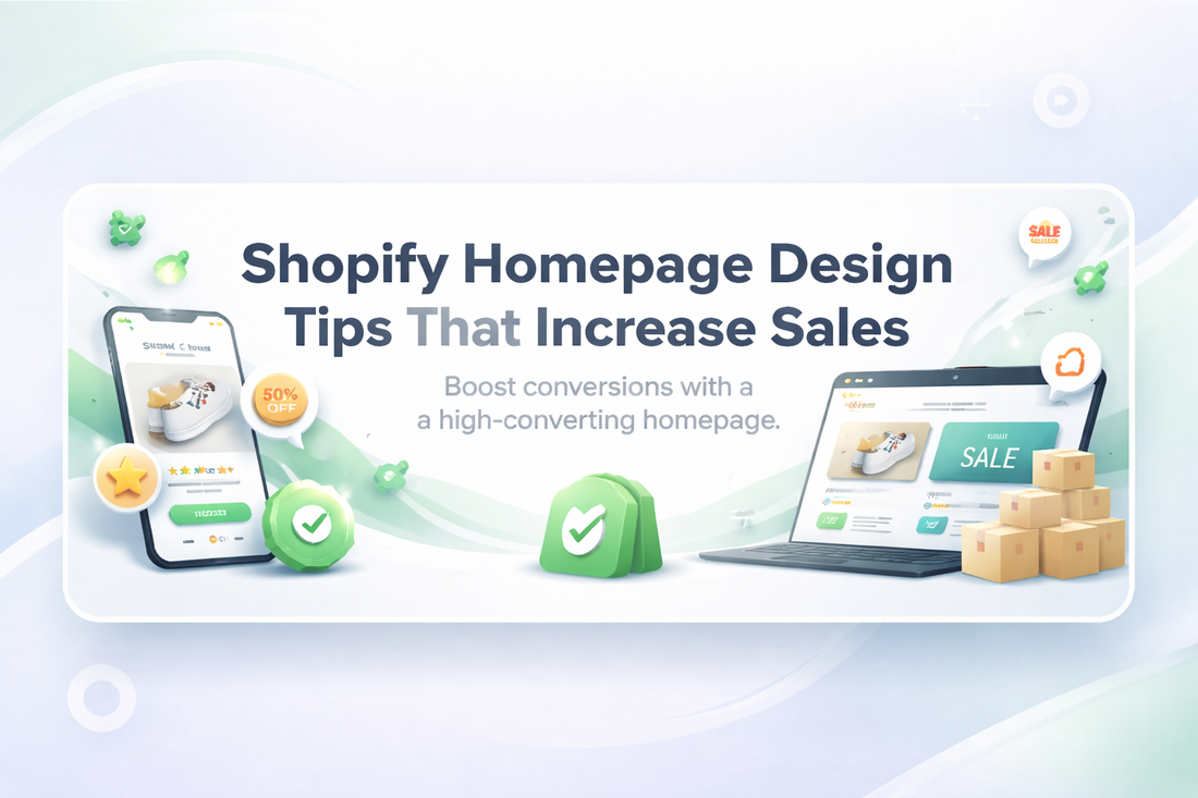 Shopify Homepage Design Tips That Increase Sales banner with centered text, ecommerce visuals, and conversion-focused layout elements