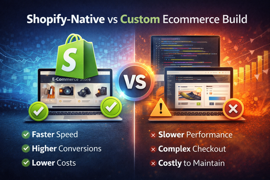 Comparison of Shopify-native website design versus custom ecommerce builds highlighting faster speed, higher conversions and lower costs
