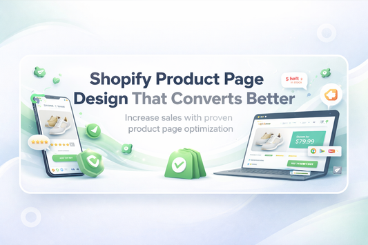 Shopify Product Page Design That Converts Better banner with centered text, ecommerce product visuals, trust icons, and conversion-focused layout