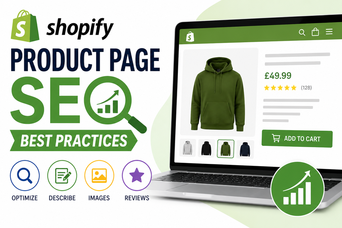 Shopify product page SEO best practices with ecommerce product page, SEO magnifier and growth icons