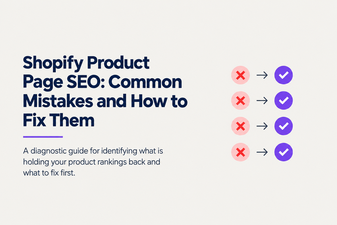 Shopify product page SEO - common mistakes and how to fix them - a diagnostic guide for identifying what is holding your product rankings back and what to fix first, from Savlo.