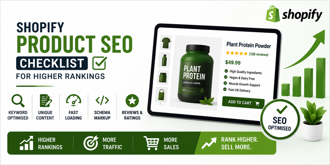 Shopify product SEO checklist banner featuring ecommerce product page mockup, keyword optimisation, schema markup, customer reviews, fast loading indicators, SEO checklist icons, and clean green-and-white design.