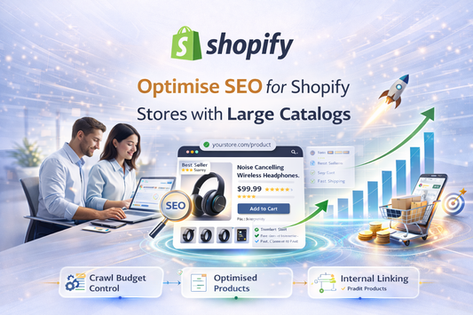 Shopify product SEO for large catalog stores banner showing ecommerce optimisation, crawl budget control, internal linking and upward growth chart