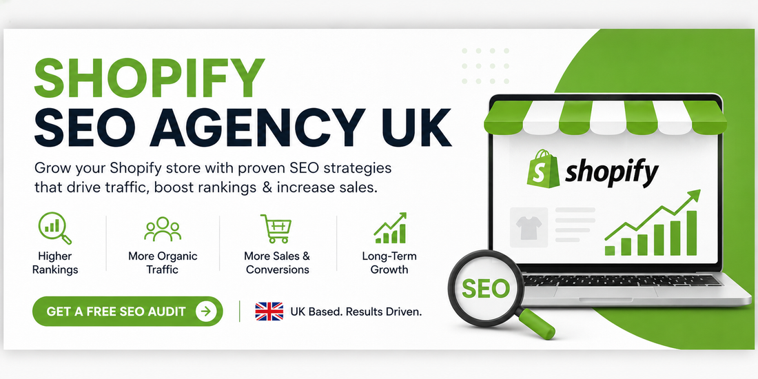 Shopify SEO Agency UK banner with ecommerce analytics dashboard, Shopify store graphics, SEO growth charts, and text promoting higher rankings, more organic traffic, and long-term ecommerce growth.
