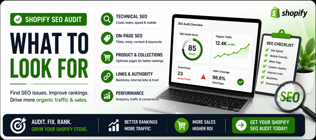 Small Shopify SEO audit banner featuring SEO health dashboard, technical SEO checklist, ecommerce analytics, magnifying glass SEO icon, and clean green-and-white design focused on improving rankings, fixing SEO issues, and increasing organic traffic.