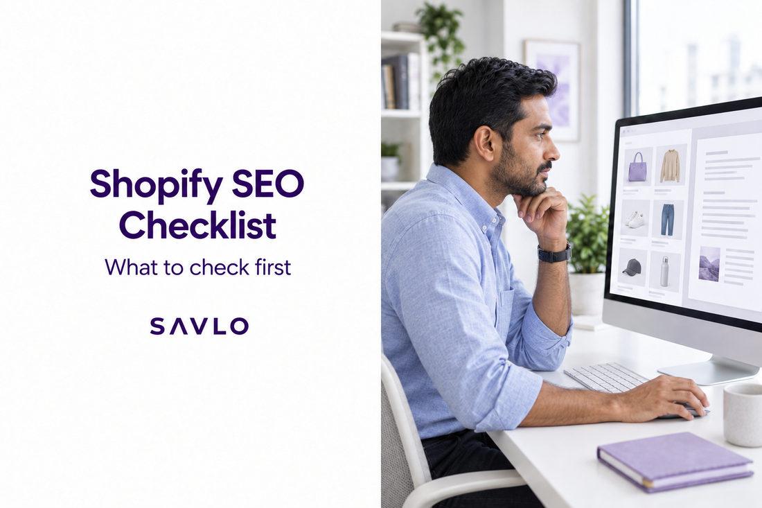 Man reviewing product thumbnails and a document on a monitor beside “Shopify SEO Checklist” text on a white background.