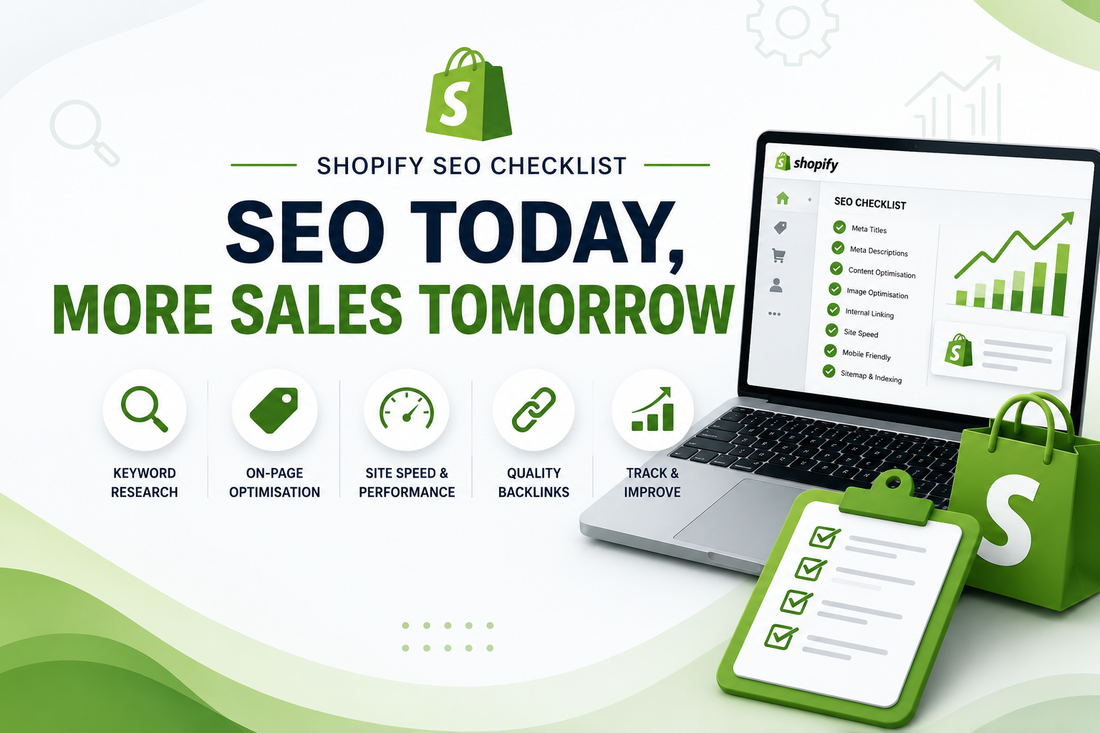 Shopify SEO checklist banner showing a laptop with growth chart, checklist board and Shopify shopping bag icon for improving traffic and sales.