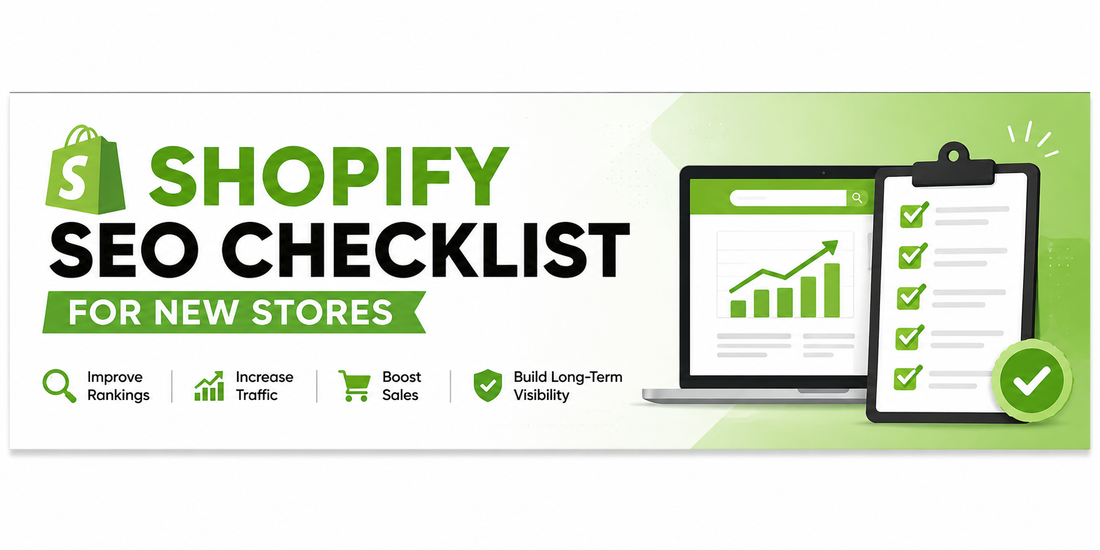 Shopify SEO checklist banner for new ecommerce stores with SEO growth analytics, ranking improvements, and conversion optimisation visuals