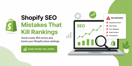 Shopify SEO mistakes banner showing ecommerce analytics dashboard, ranking growth chart, and optimisation warnings for improving Shopify Google rankings and organic traffic.