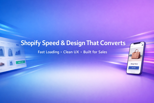 Shopify Speed & Design That Converts banner with gradient background, centered bold heading, and ecommerce interface visuals showing fast performance and clean UX