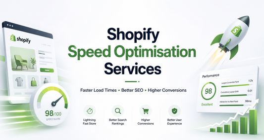 Shopify Speed Optimisation Services banner showing fast ecommerce performance, improved load times, and higher conversion rates