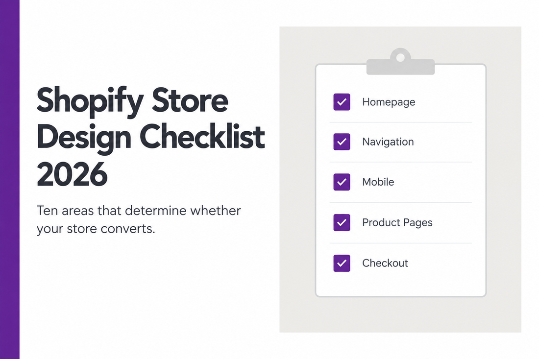 Shopify store design checklist 2026 showing five key audit areas including homepage, mobile, and checkout - a practical guide from Savlo.