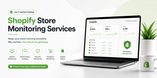 Shopify store monitoring services banner with laptop dashboard showing uptime, performance analytics, and 24/7 protection in a clean minimal workspace