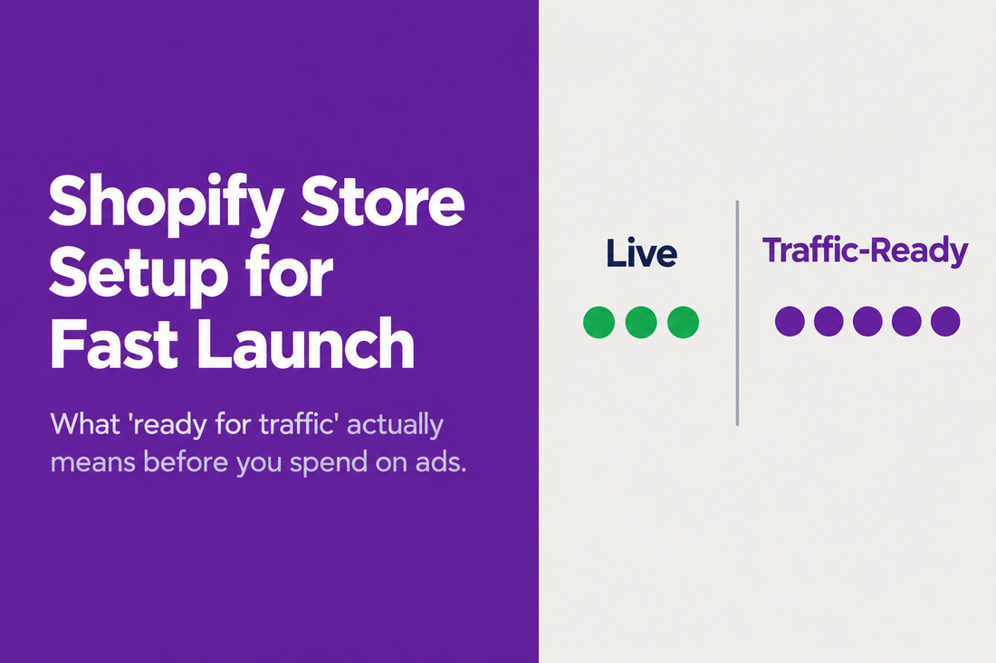 Shopify store setup for fast launch - the specific decisions that determine whether a store is technically live or genuinely ready for traffic, including product page completeness, trust architecture, and SEO foundations, from Savlo.