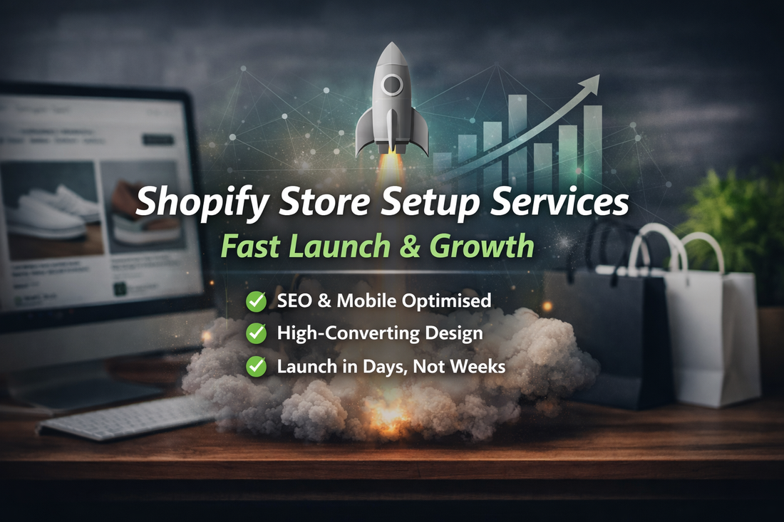Shopify Store Setup Services banner with centred text showing fast launch and growth, featuring rocket launch visual, SEO optimisation, and high-converting design highlights