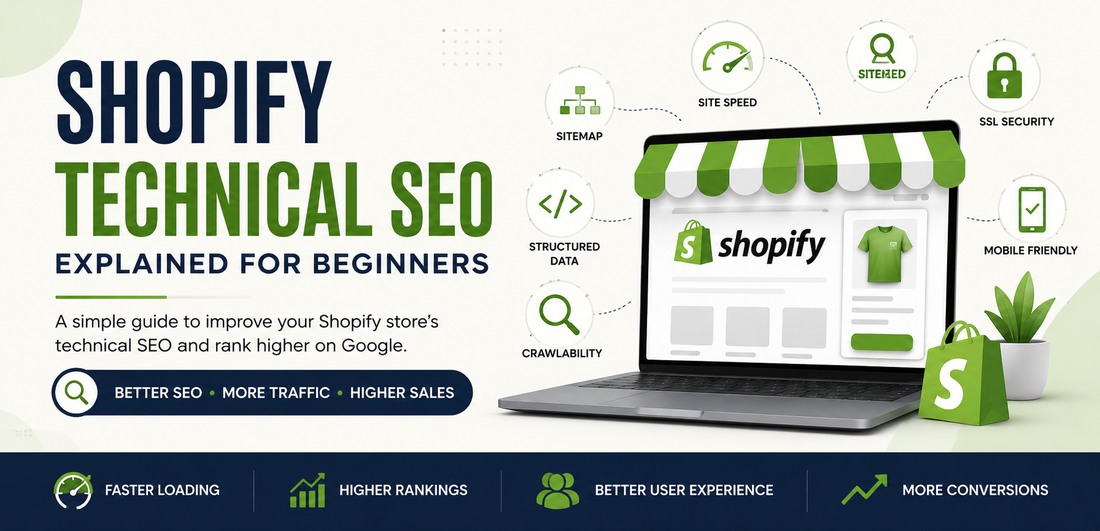 Shopify Technical SEO Explained for Beginners banner with Shopify store illustration, SEO icons, speed optimisation, sitemap, crawlability, and mobile-friendly ecommerce design.