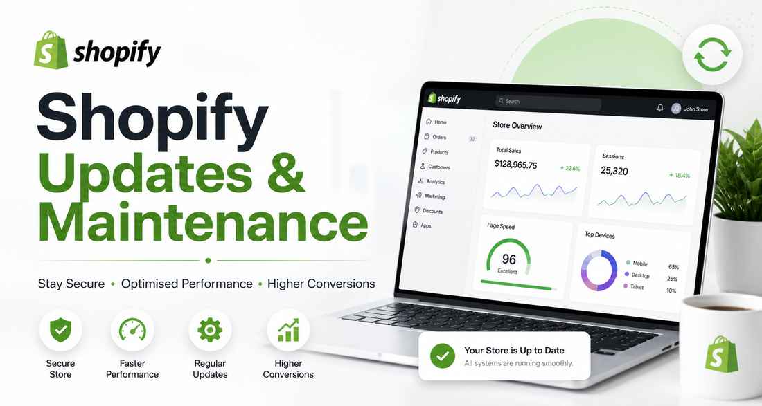 Shopify updates and maintenance banner showing ecommerce dashboard, performance analytics, and secure store optimisation