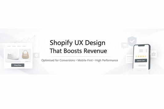 Shopify UX design banner with centered headline, clean white modern layout, ecommerce product mockups, and mobile-first conversion-focused design
