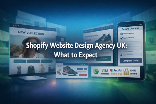 Shopify Website Design Agency UK banner with centred text highlighting professional ecommerce store design, conversion optimisation, and scalable Shopify solutions