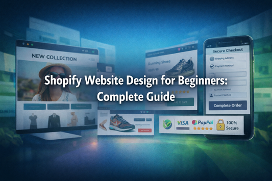 Shopify website design for beginners banner with centred text showing ecommerce store examples across desktop and mobile with clean layout and secure checkout elements