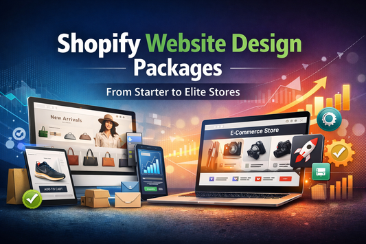 Shopify website design packages showcasing starter, growth and elite ecommerce store designs built for performance and conversions