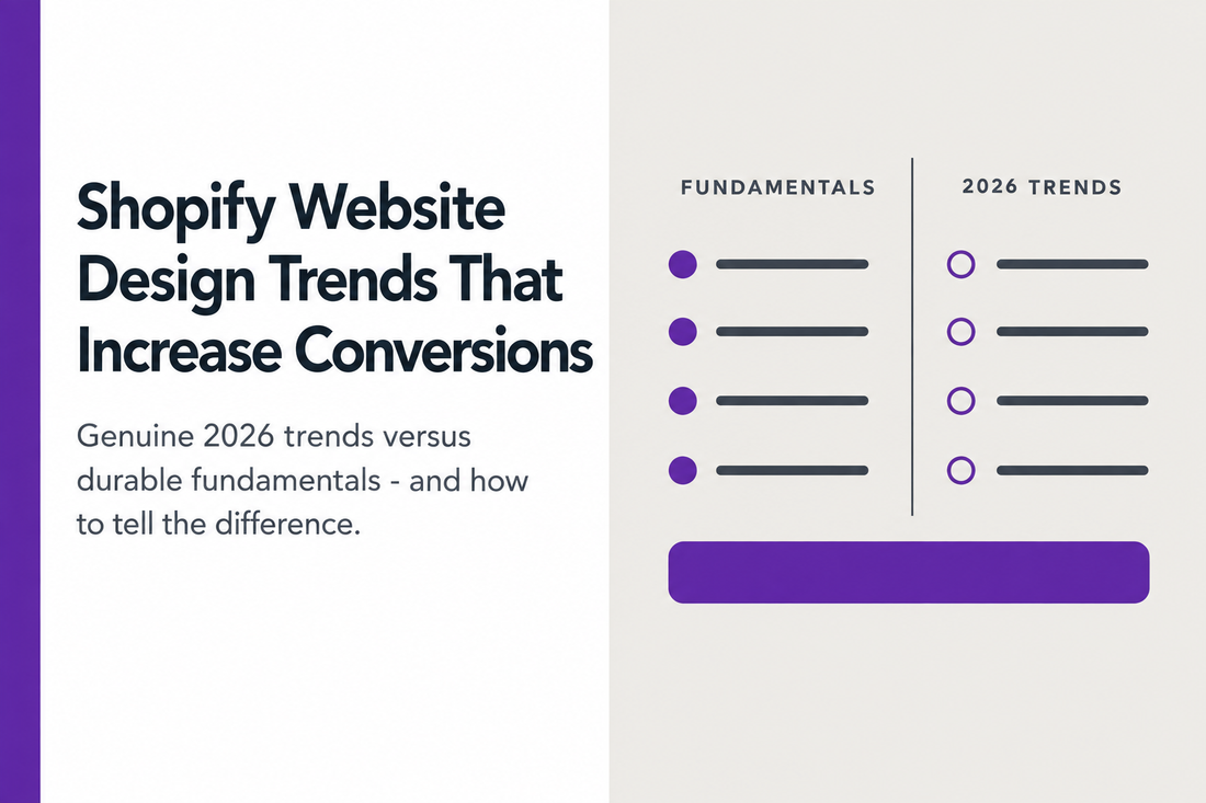 Two-column comparison of Shopify design fundamentals versus 2026 trends - illustrating how to distinguish durable conversion principles from genuinely new design decisions, from Savlo.