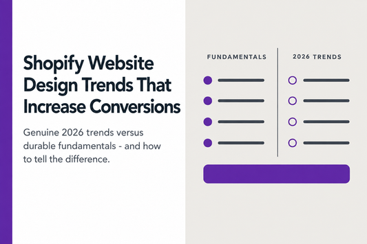 Two-column comparison of Shopify design fundamentals versus 2026 trends - illustrating how to distinguish durable conversion principles from genuinely new design decisions, from Savlo.