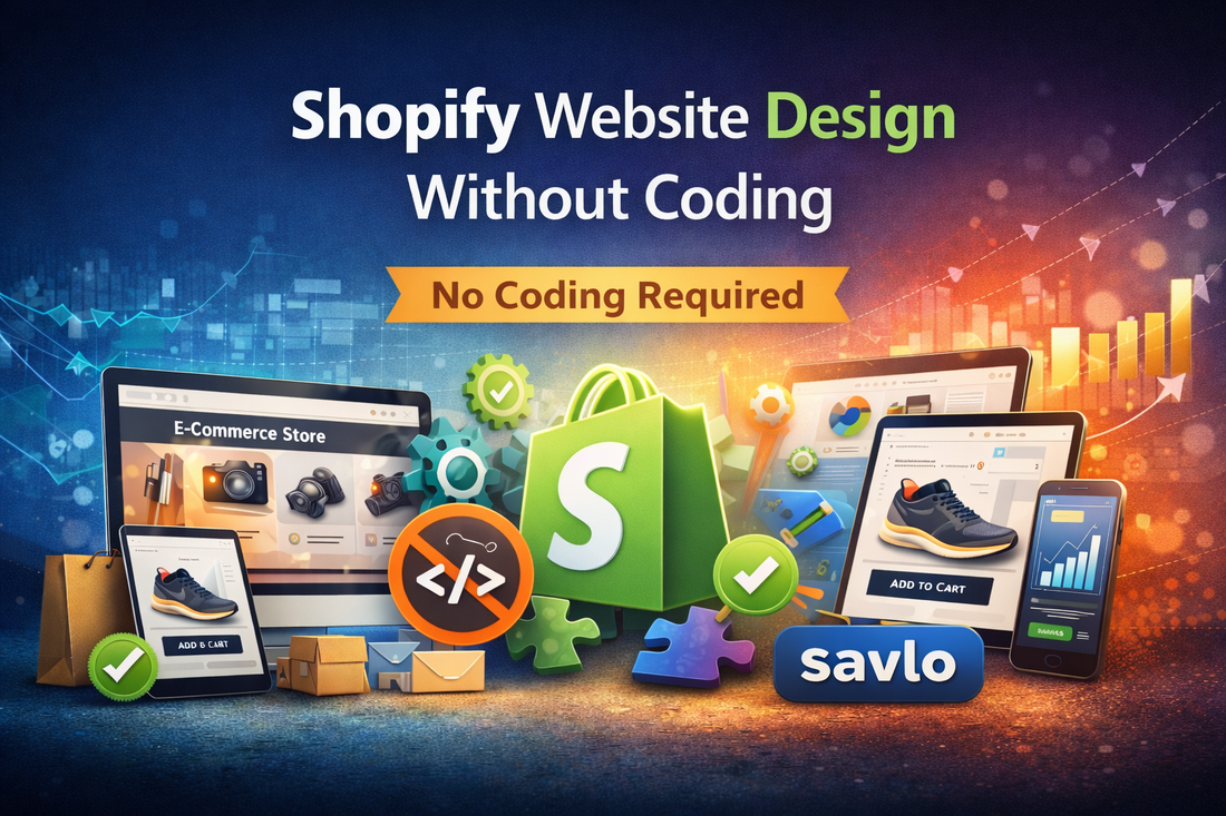 Shopify website design without coding showcasing Savlo’s no-code ecommerce store layouts built for speed, SEO and conversions