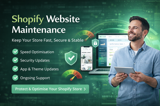 Shopify website maintenance banner showing speed optimisation, security updates, app and theme updates, and ongoing Shopify store support