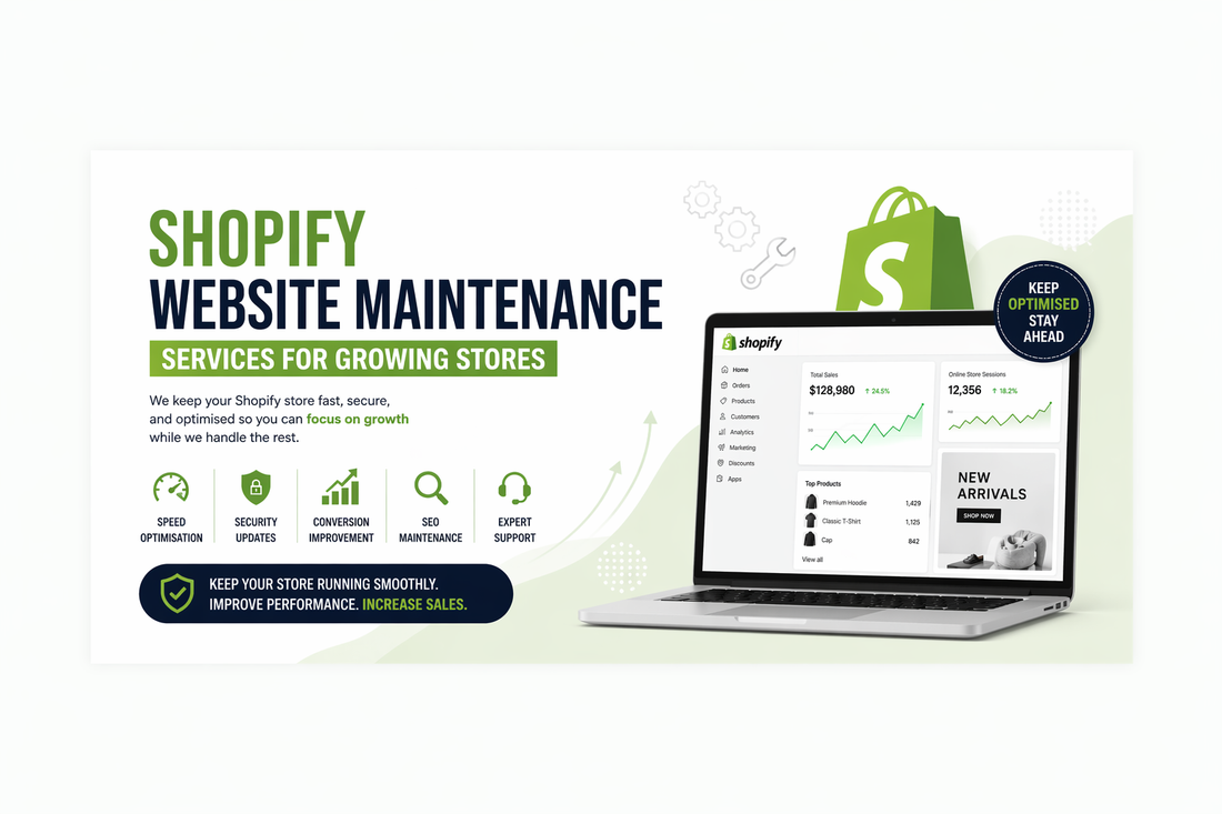 Shopify website maintenance services banner with centred text, highlighting performance optimisation, security updates, SEO maintenance, and support for growing ecommerce stores