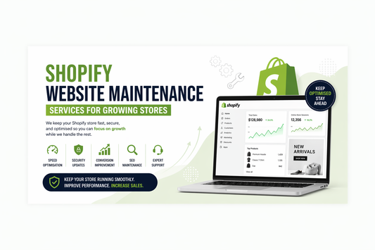 Shopify website maintenance services banner with centred text, highlighting performance optimisation, security updates, SEO maintenance, and support for growing ecommerce stores