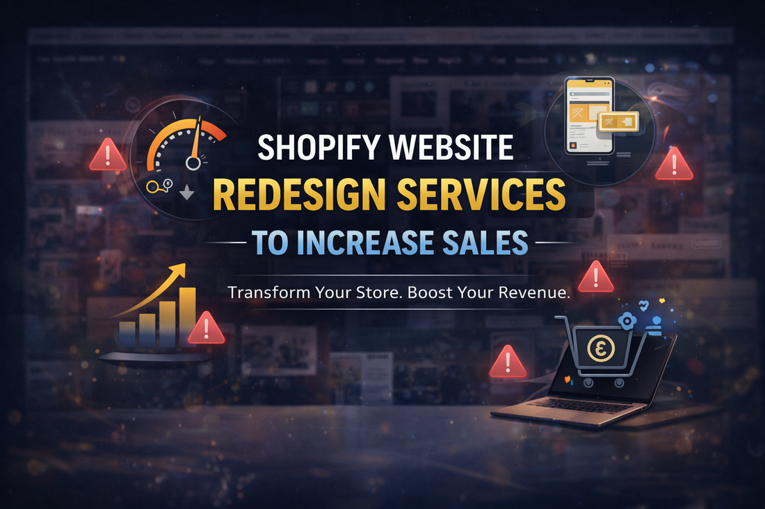 Shopify website redesign services banner with centred text highlighting increased sales, improved UX, faster speed, and conversion-focused design