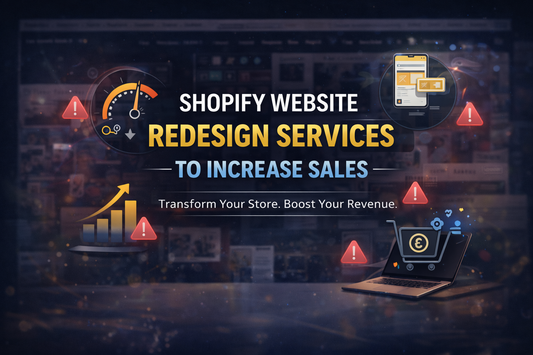 Shopify website redesign services banner with centred text highlighting increased sales, improved UX, faster speed, and conversion-focused design