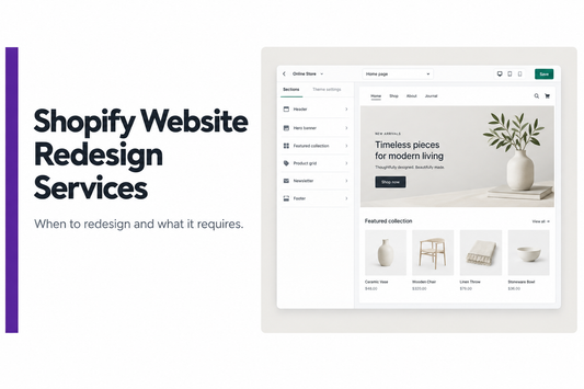 Shopify theme editor showing a clean ecommerce homepage being redesigned - illustrating Savlo's conversion-focused Shopify redesign process.