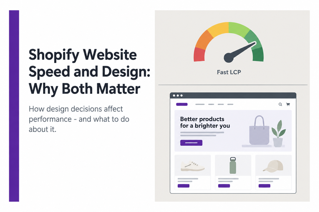 Shopify website speed and design banner showing a performance gauge and homepage mockup - illustrating how speed and design decisions interact to affect conversion, from Savlo.