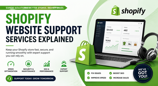 Professional Shopify website support services banner featuring Shopify dashboard, laptop, speed optimisation, security maintenance, SEO performance, and expert ecommerce support for growing online stores.